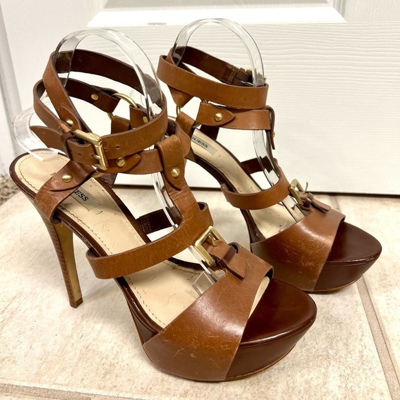 GUESS Ormandi Platform Gladiator Women's Heels sandals Brown leather Y2K 9.5M - Picture 2 of 9